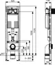 TECE WC-Modul mit spülkastenartiger Bauform, zeigt vertikale und horizontale Maße sowie verschiedene Anschlussmöglichkeiten für Sanitärinstallationen.